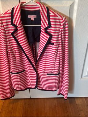 Lilly Pulitzer Pink and White Striped Blazer with Navy Trim